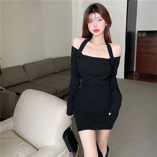 COZOK Đầm Dài Tay Cổ Vuông Thiết Kế Dây Đan Chéo Phong Cách Sành Điệu