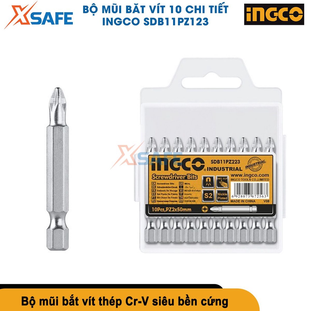 Bộ mũi siết vít đa năng INGCO size PZ1-PZ2-PZ3 10 chi tiết, mũi bắn vít thép Cr-V siêu bền cứng [CHÍNH HÃNG][XSAFE]