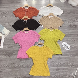 Áo thun xốp body tay ngắn cổ tròn phối cúc vai