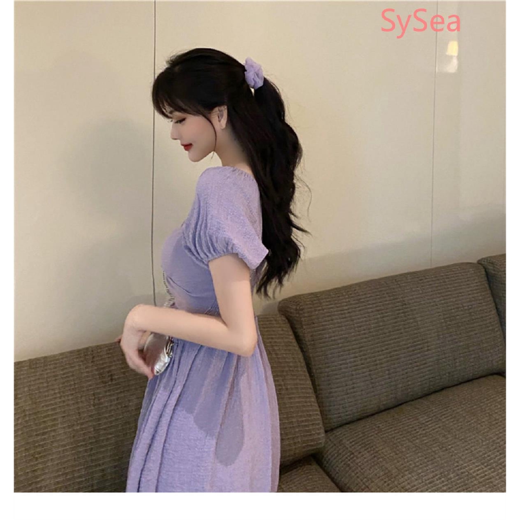 Đầm Dáng Chữ A Cổ Chữ V Màu Tím Phối Bèo Nữ Tính | BigBuy360 - bigbuy360.vn