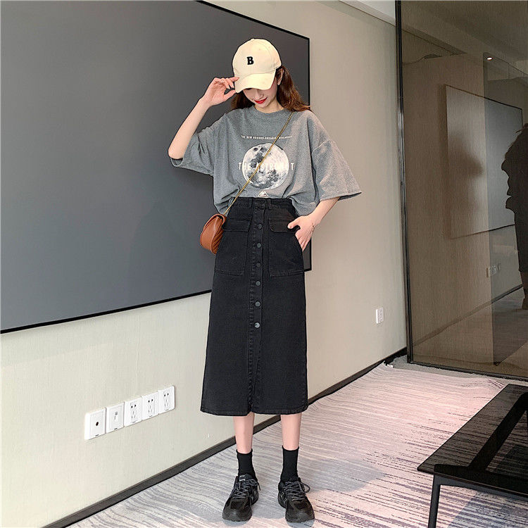 Chân váy jean Dài Dáng Chữ a Lưng Cao Cài Nút Đơn Hàng Nút Phong Cách vintage Thời Trang Xuân Hè Mới