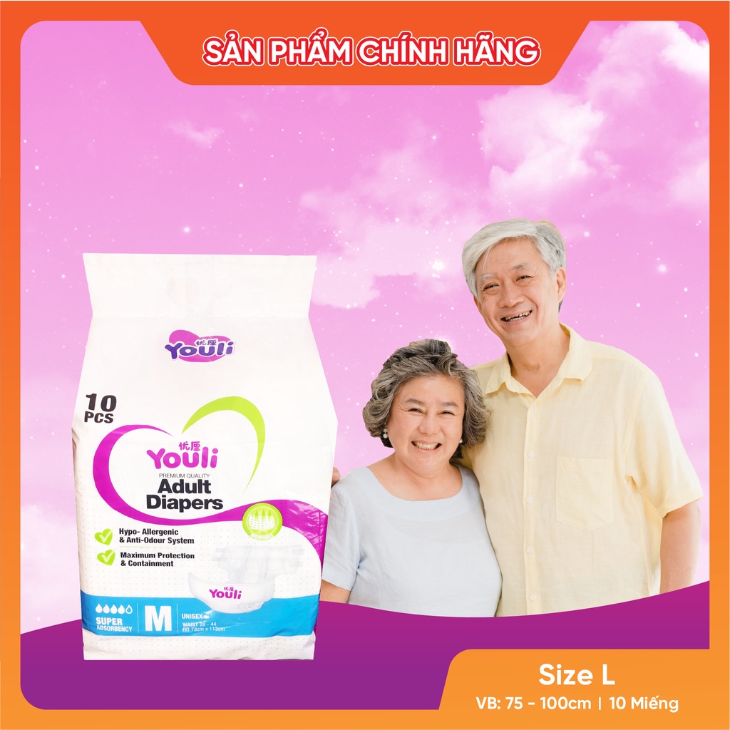 Tã/bỉm Quần và Dán người già Youli M10 (70-100cm) / L10 ( 100-139cm ) / XL10 ( 125-165cm ) / miếng lót gói 5 miếng