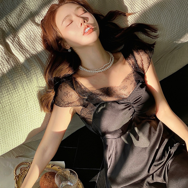 Đầm Ngủ Lụa Dáng Rộng Dài Phối Ren Thời Trang Quyến Rũ Cao Cấp Cho Nữ