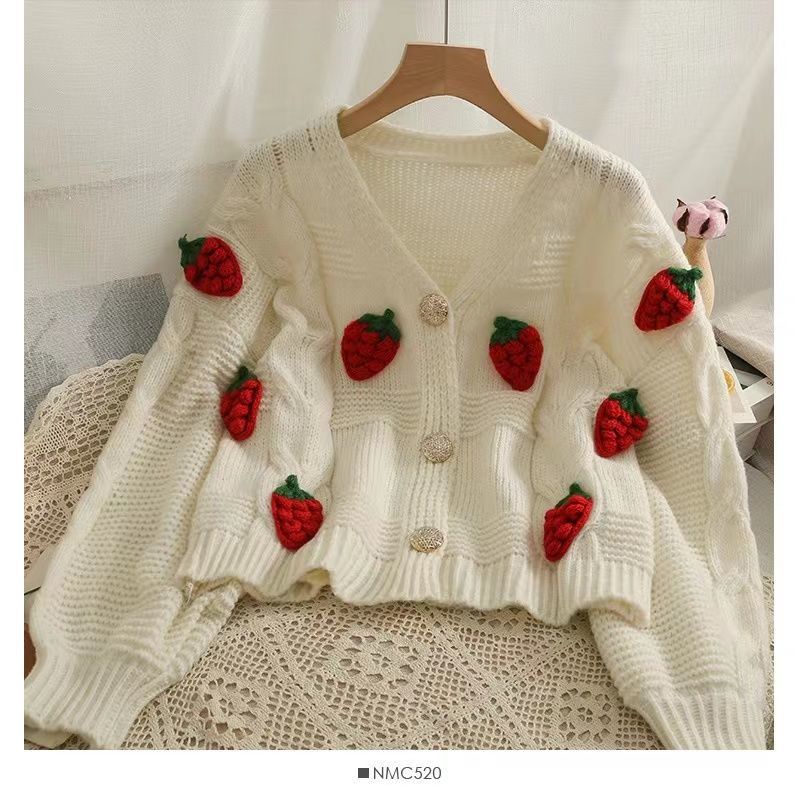 Áo Khoác Cardigan Thêu Hình Quả Dâu Mới