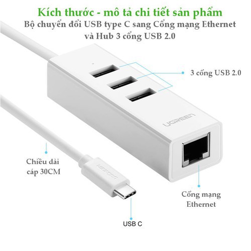 Cáp Chuyển USB Type C to Lan+3 Hub USB Ugreen 20792 10917 - Hàng Chính Hãng