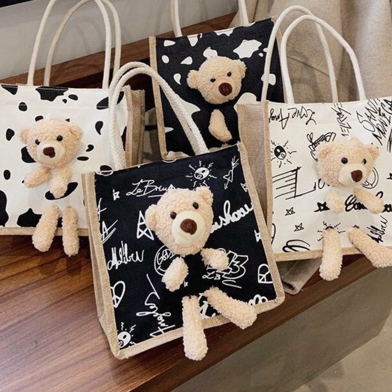 Túi Cói Đi Biển kèm gấu brown Mini Size 21 Phong Cách Vintage Đeo Chéo Được