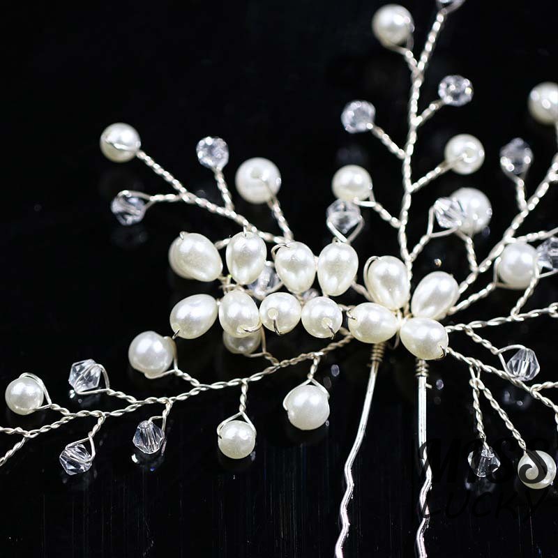 Trâm cài tóc cô dâu trang trí hình hoa lá đính ngọc trai giả thời trang