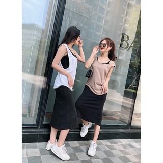 Váy  đẹp💕FREESHIP💕 Đầm Thun 2 Dây Kèm Áo So Hot Freesize Cho Nàng Từ 40 Đến 60kg Có 2 Màu Kem Đậm Và Trắng