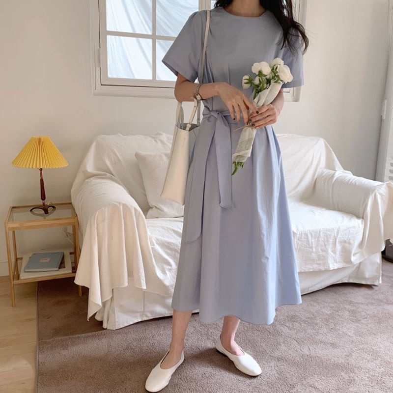 Đầm midi cổ tròn phong cách Hàn Quốc thanh lịch cho nữ