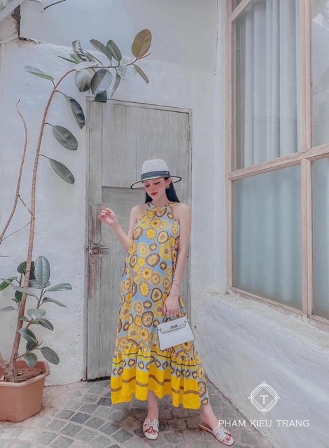 Đầm Thổ Cẩm Maxi Cổ Yếm