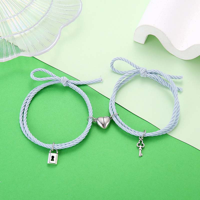 Set 2 vòng tay bện dây mặt hình ổ khóa nam châm thời trang độc đáo cho cặp đôi