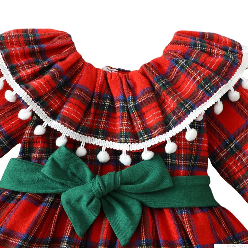 Đầm tay dài họa tiết sọc caro phong cách giáng sinh cho bé gái