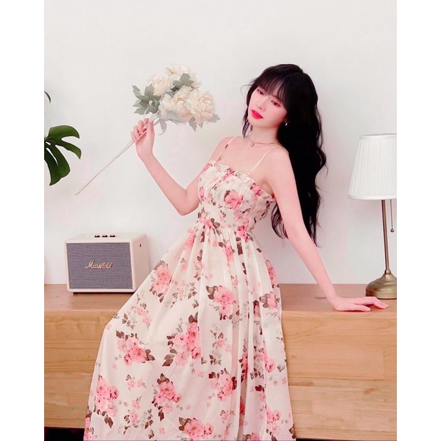 (Mẫu mới) đầm hoa hồng nhạt 2s có mút ngực,hai lớp free size
