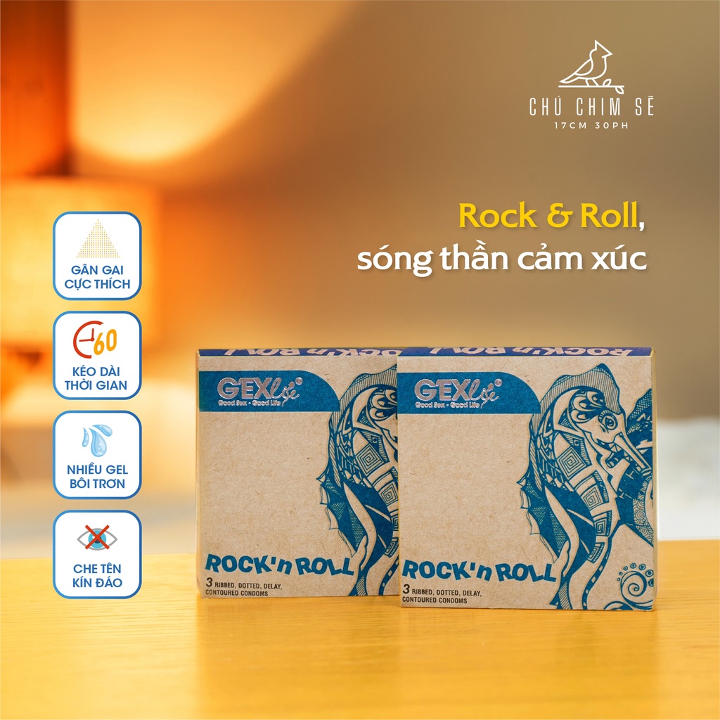 Bao cao su GEXlife RocknRoll gân gai, hạt nổi, kéo dài thời gian hộp 3 cái - Chú Chim Sẽ