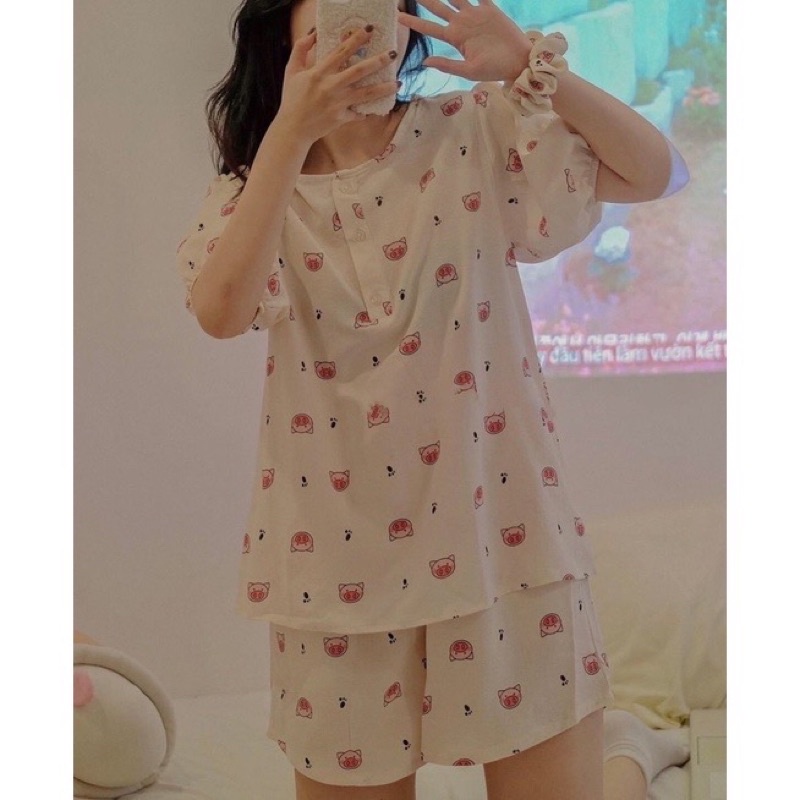 Set đồ nữ pijama nhiều hình áo babydoll &amp; quần ngắn ulzzang , Bộ quần đùi kèm áo sơ mi cách điệu hot trend