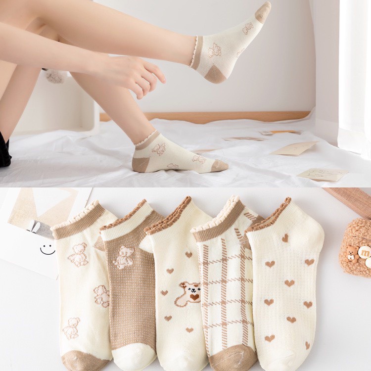 Sét 5 Đôi Tất Nữ Gấu Cổ Ngắn Bèo Tone Trà Sữa Siêu Xinh
