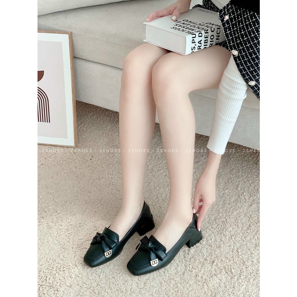 Giày cao gót da mịn đen kem nơ D.G gót trụ thấp - 4P