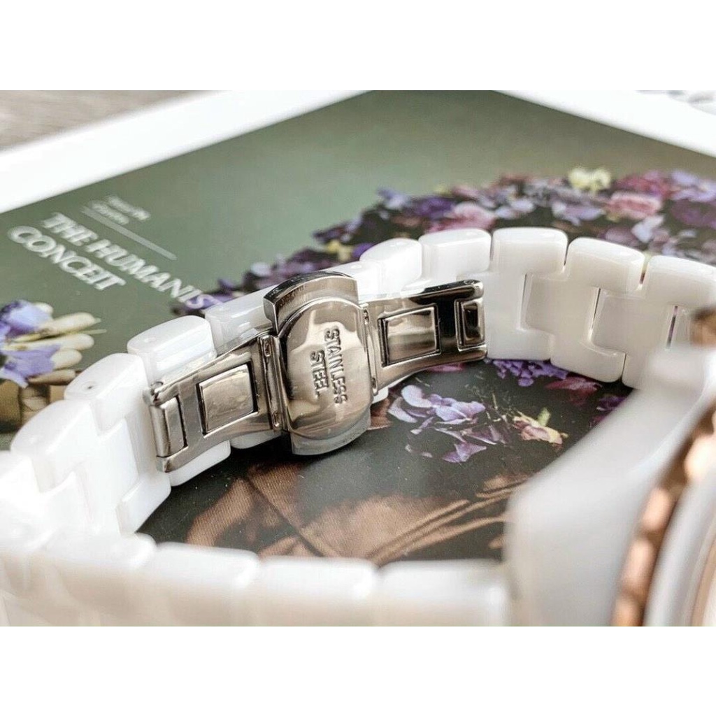 Đồng Hồ Nữ Coach Dây Đá Ceramic Trắng Vỏ Vàng Hồng - Nền Hoa Văn Nổi - 32mm