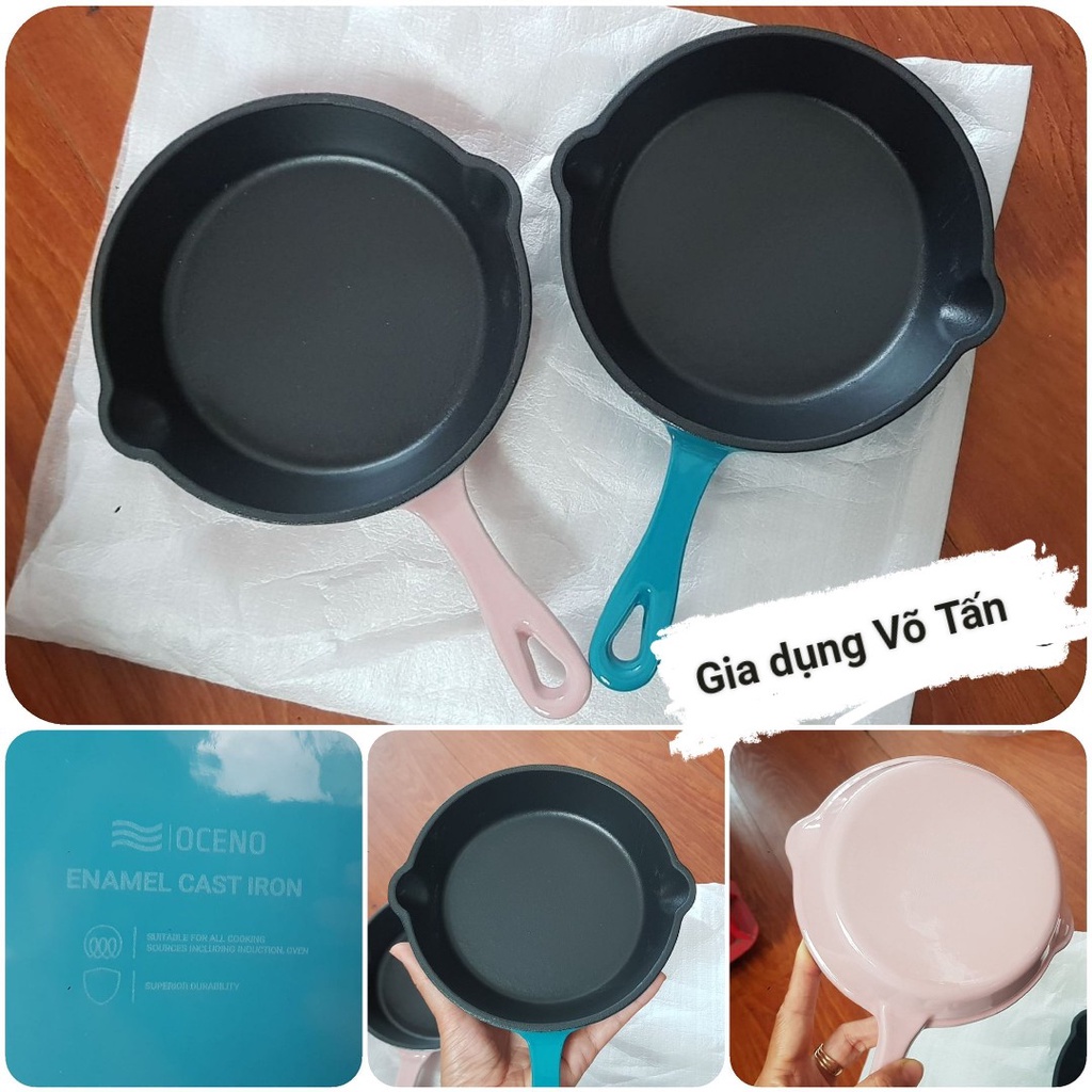 Chảo gang Oceno 16cm màu xanh có vòi rót dùng được bếp từ 2 màu cao cấp