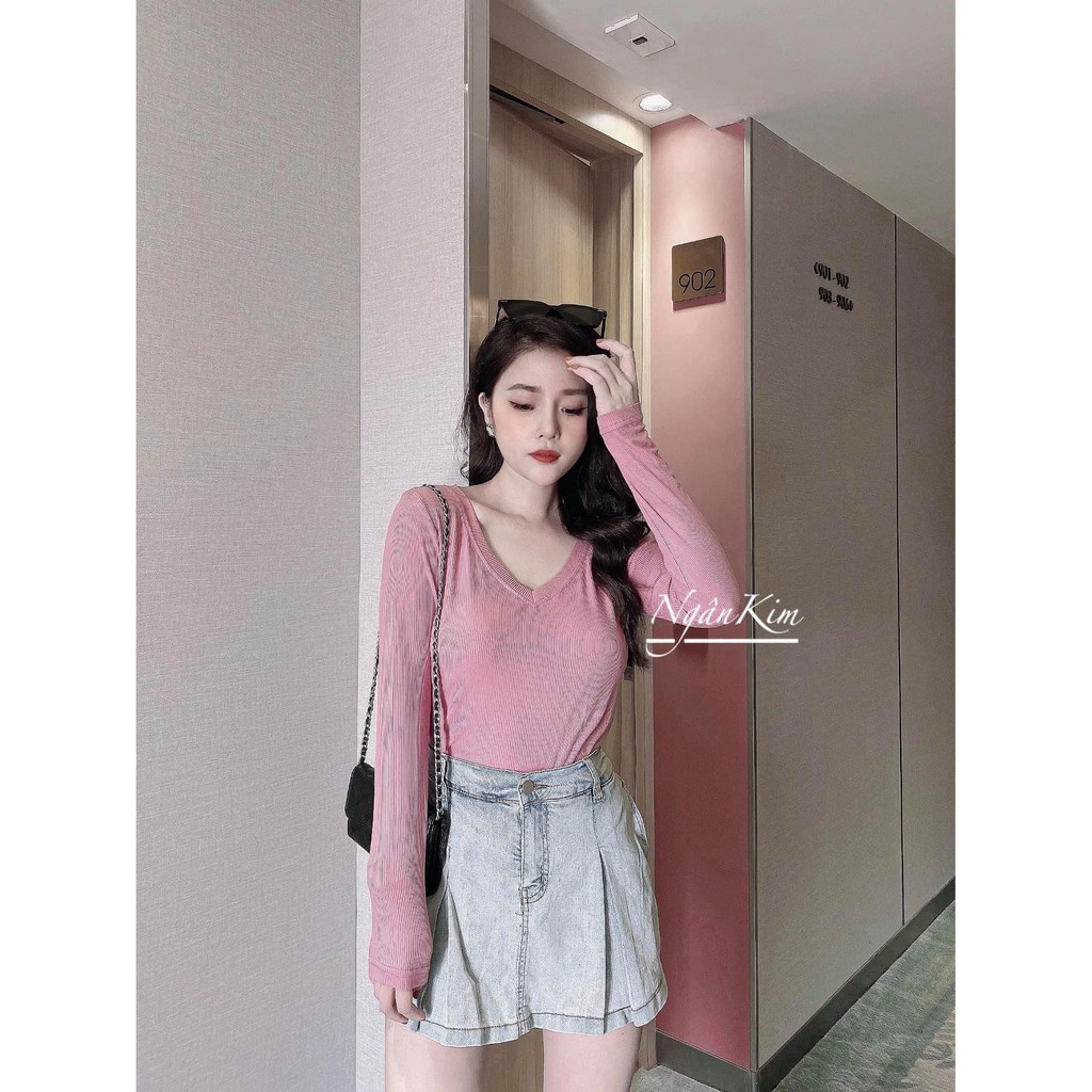 Áo Thun Tăm Giấy V-NECK Nữ [FREESHIP] 🌸 Phông cổ tim dài tay body dáng ôm màu Đen | Trắng | Hồng | Nâu Ulzzang HOT 🌸 | BigBuy360 - bigbuy360.vn