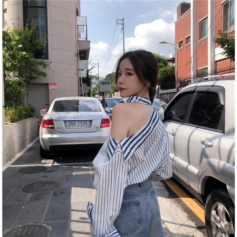 Áo Sơ Mi Trễ Vai Họa Tiết Kẻ Sọc Phong Cách Âu Mỹ Thời Trang Mới