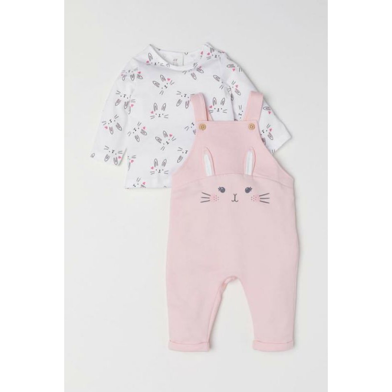 Set H.M yếm thỏ hồng kèm áo dư xịn cho bé gái