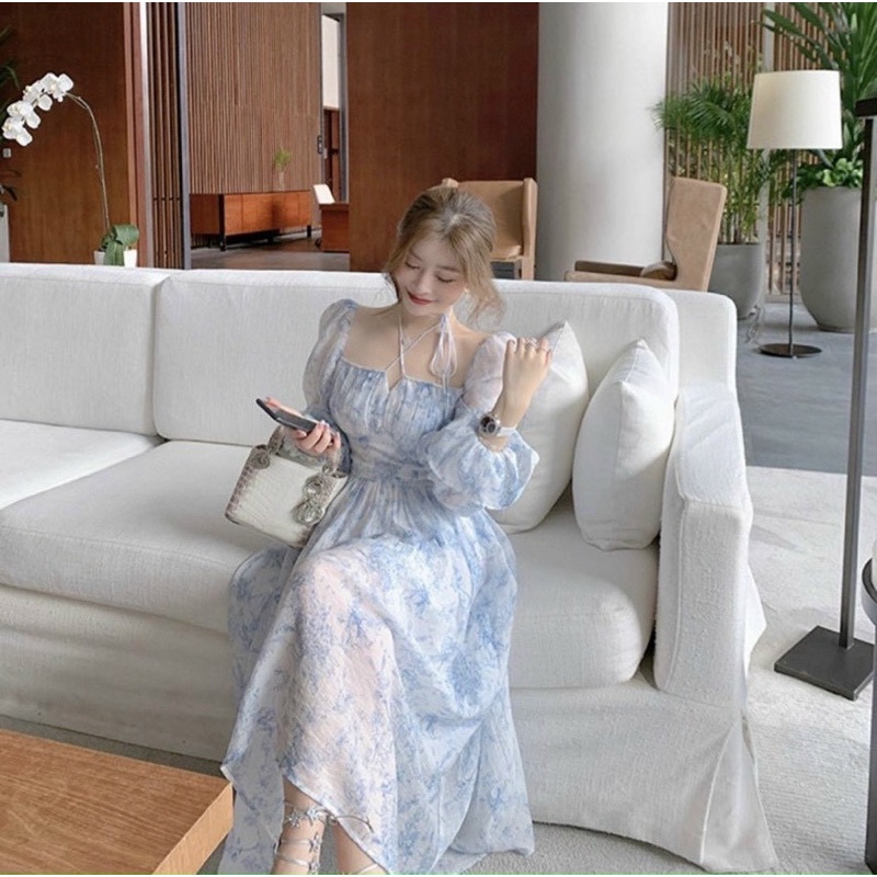 🦋Đầm MiDi Hoa Xanh Cổ Vuông Dây Chéo Tay Bo Thun🦋