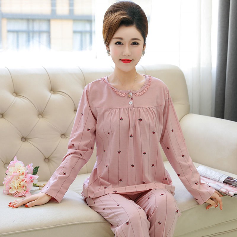 đẹp khuyến mãiBộ đồ ngủ dành cho bà mẹ trung niên mùa xuân và thu Vải thun cotton dài tay người già cỡ lớn phù