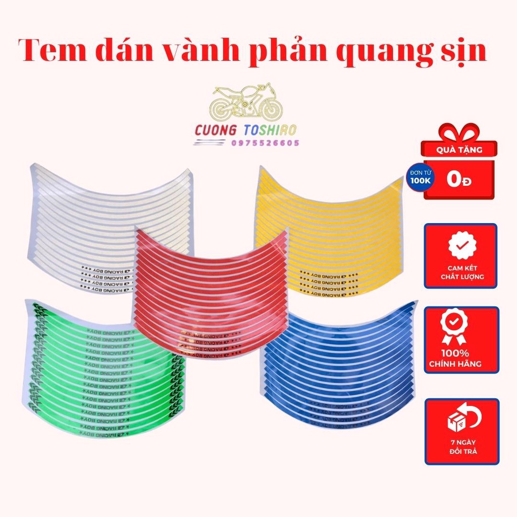 Tem dán vành phản quang chính hãng 3M siêu mạnh dán mọi dòng xe kiểu màu xanh đỏ trắng vàng chống nước