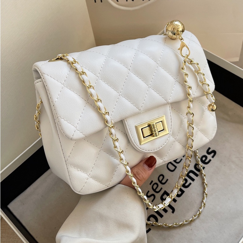 Túi đeo vai IELGY màu trơn họa tiết hình thoi phối dây chuỗi mắt xích thời trang dành cho nữ