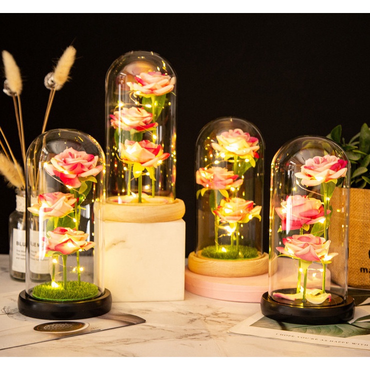 Hoa hồng vĩnh cửu đựng trong bình thủy tinh có đèn led kèm pin sẵn-sang trong tinh tế trưng bày quà tặng