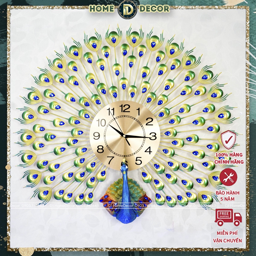Đồng Hồ Treo Tường Con Chim Công Tài Lộc Chính Hãng D1 Home Kim Trôi Trang Trí Tường Decor - CL12