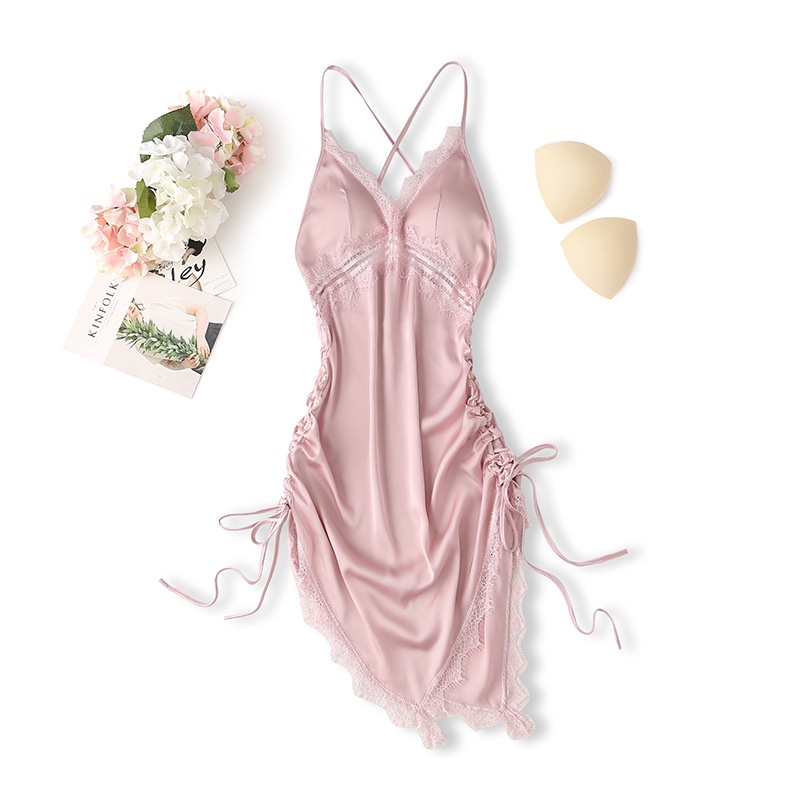 Đồ ngủ Vải Lụa Lạnh Mỏng Phối Dây Rút Cổ V Xẻ Sâu Lưng Trần Gợi Cảm Thời Trang Xuân Hè Cho Bạn Gái