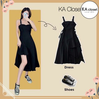 🆕 Váy 2 Dây thời trang lệch tà KA Closet Thắt Eo Cá Tính, Đầm 2 Dây Màu Đen Dự Tiệc, Váy Hai Dây Thiết Kế Lệch Tà