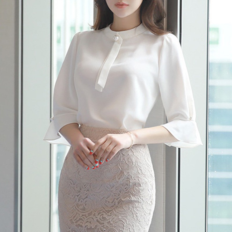 Áo sơ mi trắng nữ kiểu công sở tay lỡ đính ngọc chất lụa cao cấp SM44 Candy Fashion