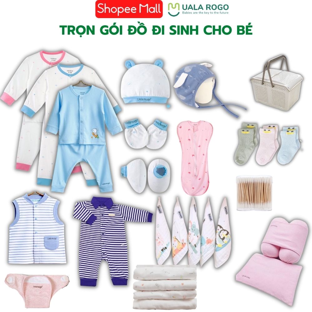 Trọn bộ đồ chuẩn bị đi sinh cho bé nhộng chũn quần áo mũ bao tay chân body khăn gối chặn tã giỏ làn tã dán tất Ualarogo