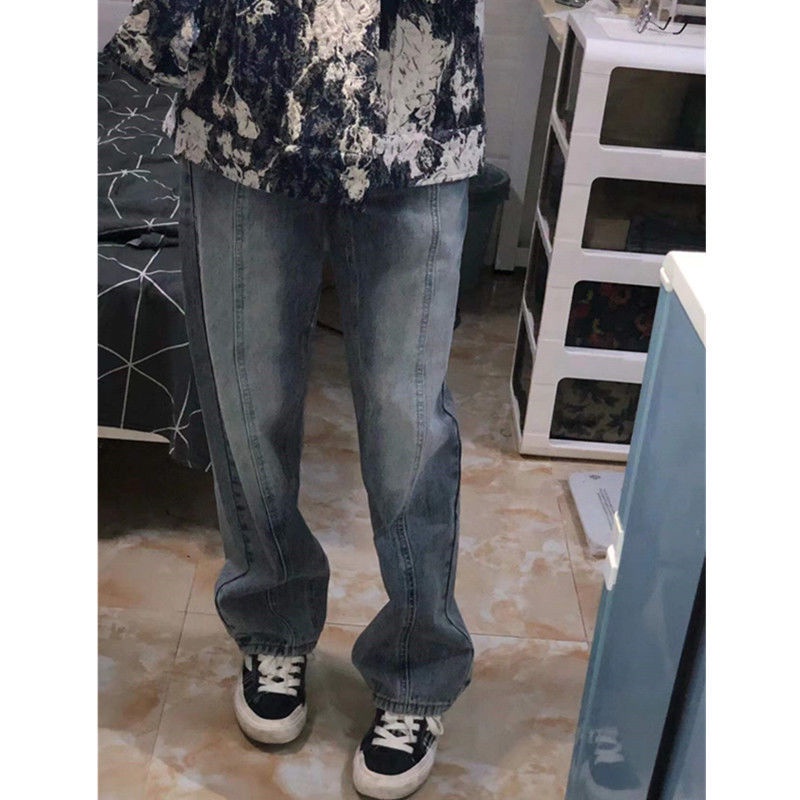 Quần jeans eo cao ống đứng thiết kế túi hai đường may phong cách retro Mỹ cho nữ