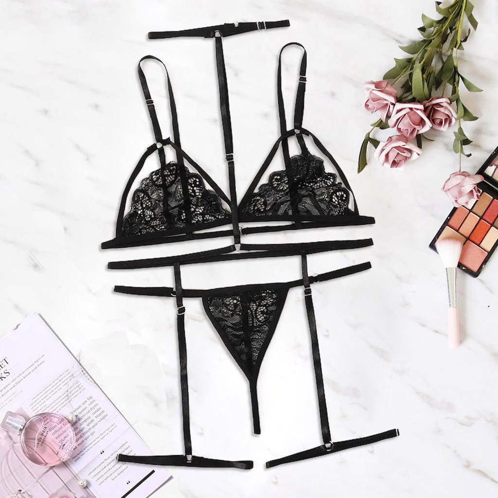 Thời Trang Set Áo Ngực Cổ Chữ V + Quần Lọt Khe + Nịt Bít Tất Cỡ S-2xl