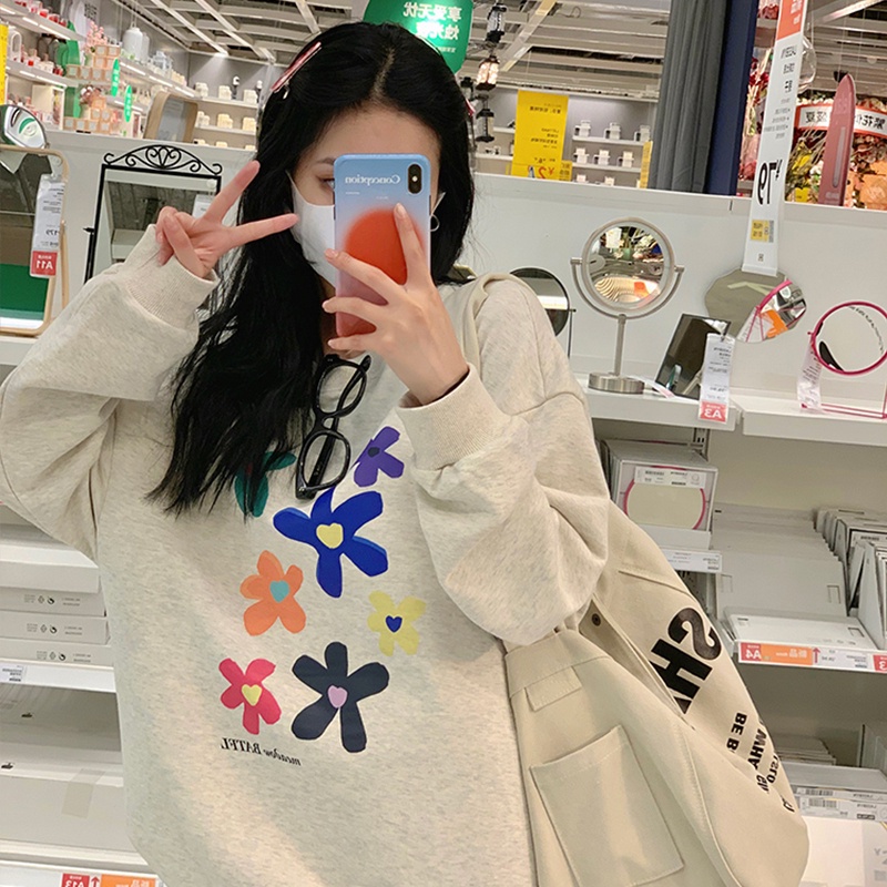 Áo thun ZHELIHANGFEI dài tay in hoa thiết kế dáng rộng dễ phối đồ