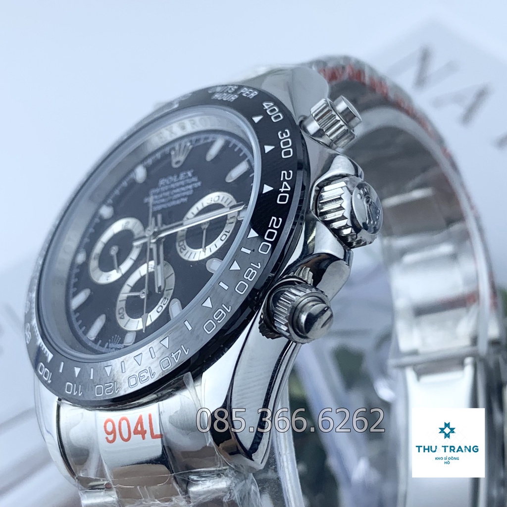 Đồng hồ nam Rolex cơ Automatic máy Nhật mẫu 3 nút mặt đen -trắng dây thép trắng size 41-42mm
