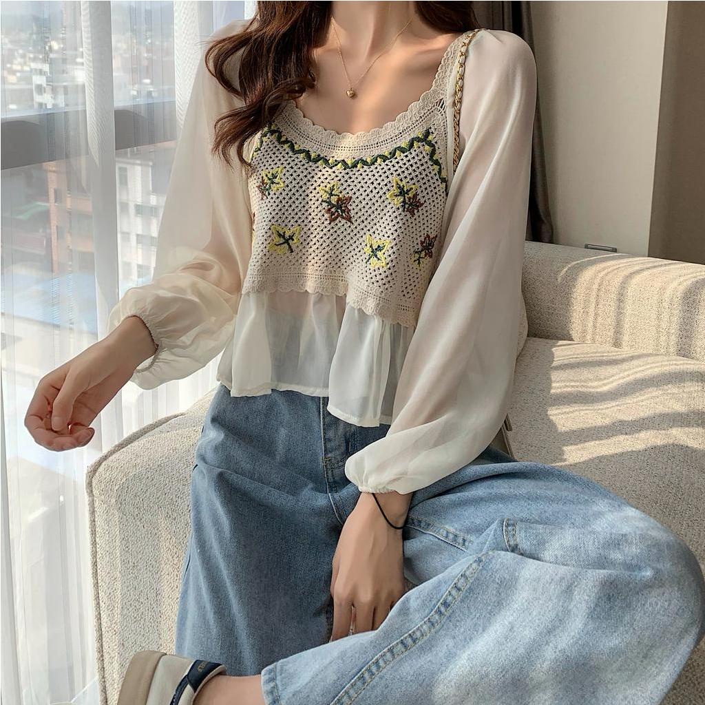 Áo chiffon SUXI tay dài phối màu thời trang cao cấp cho nữ