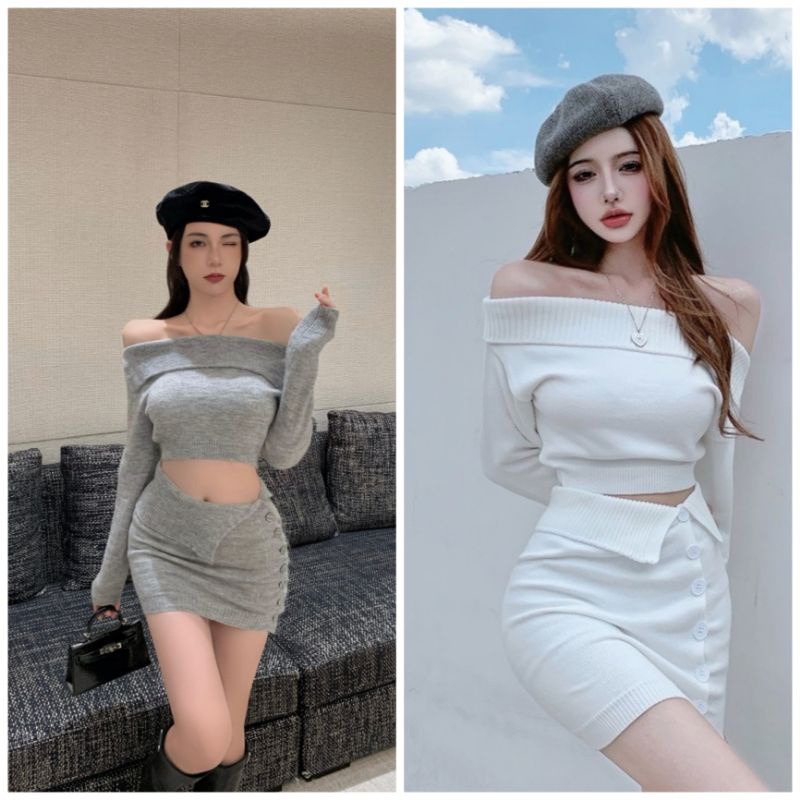 (ORDER) Set áo len trễ vai + chân váy len ôm cạp gập mix cúc