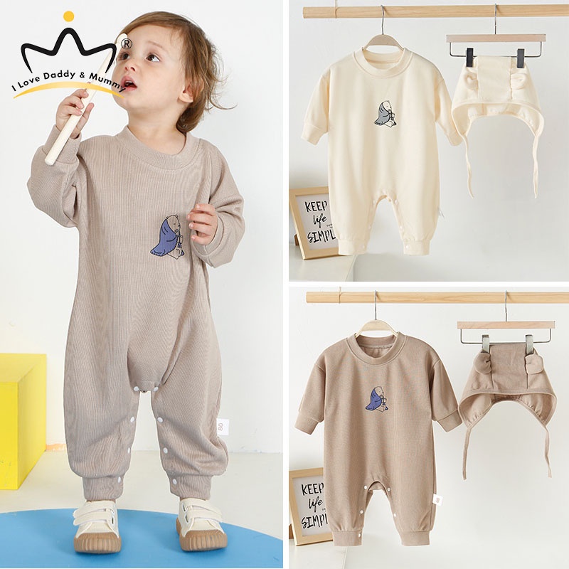 Bộ Áo Liền Quần Bằng Vải Cotton In Hoạt Hình Gấu Kèm Nón Thời Trang Mùa Thu Cho Bé Sơ Sinh