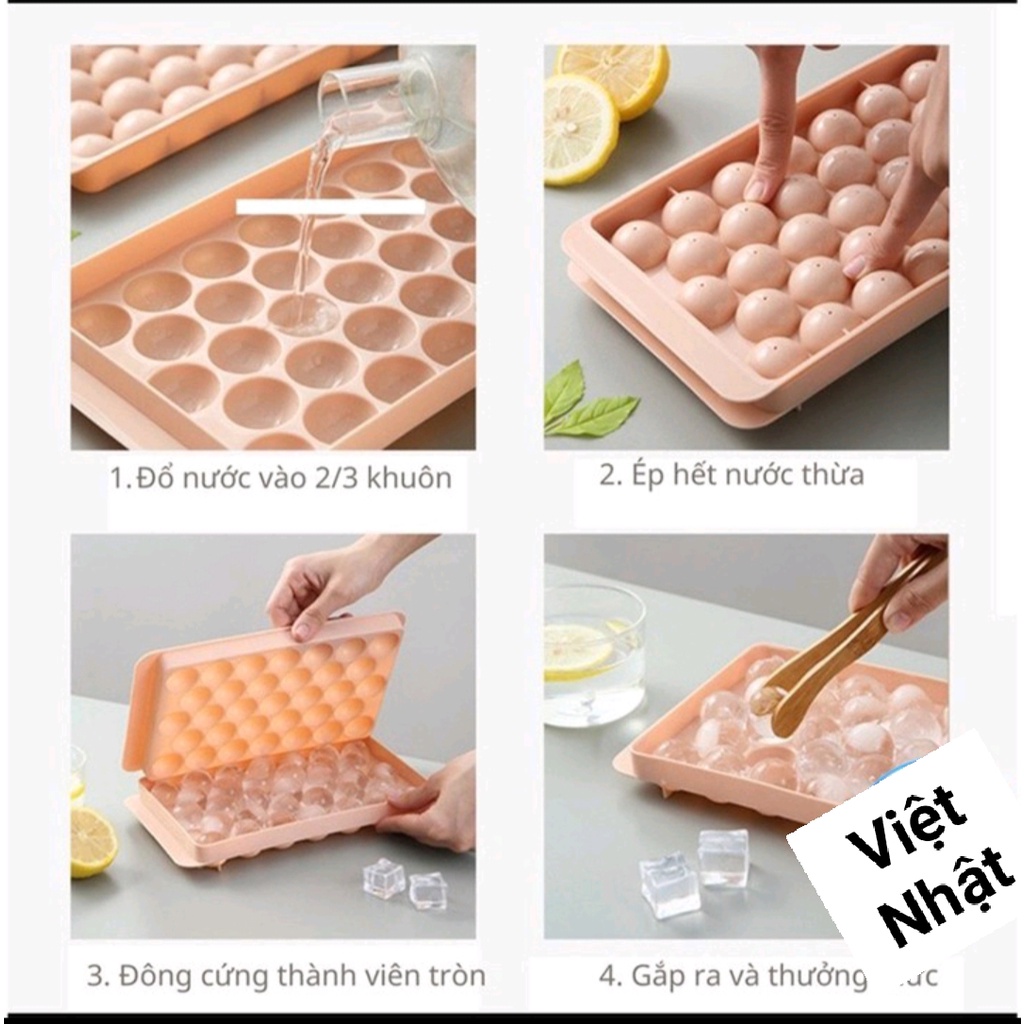 Khay đá bi tròn tủ lạnh 33 viên có nắp đậy Việt Nhật, Khuôn làm thạch hoa quả hình bi tròn ngộ nghĩnh.