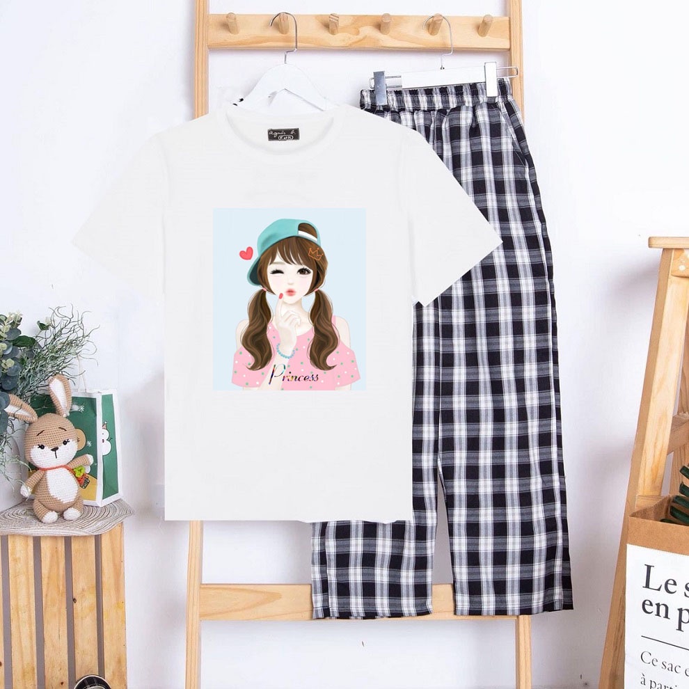 Sét Đồ Nữ Đẹp YEGO Fashion Store Mùa Hè Mặc Đi Chơi, Áo Cotton In Chữ LOVE YOU Kèm Quần Ống Rộng Kẻ