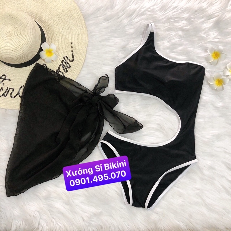 [BIKINI LIỀN MẢNH CAO CẤP] Đồ bơi 1 mảnh khoét eo khoét mông sexy màu đen viền trắng