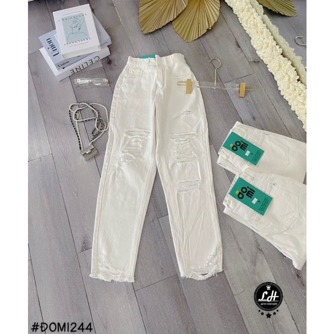 Quần baggy nữ, quần baggy bò trắng rách 2 bên tua rua siêu cá tính cho nàng Lê Huy Fashion MS 244