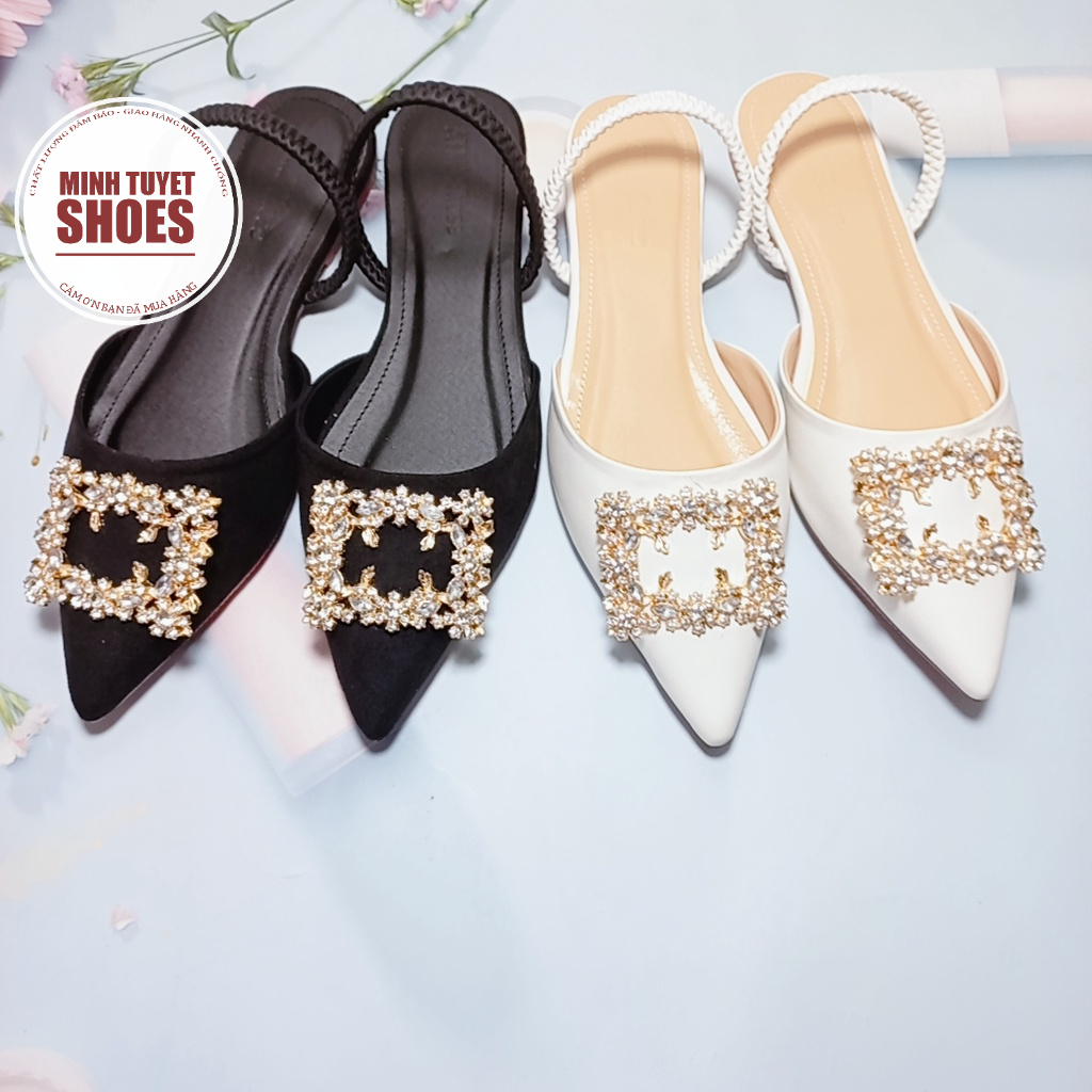 Giày sục nữ Minhtuyetshoes mũi nhọn đính đá- Sục nữ đế bệt khóa đá mẫu mới 2022 đi tiệc-giày cô dâu xinh xắn mã GCD01