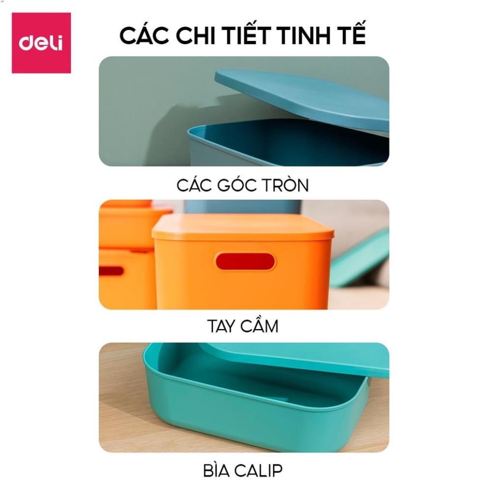 [Tặng sticker] Hộp đựng đồ có nắp Deli - Nhiều màu sắc, Cỡ siêu lớn, đa năng, nhựa cao cấp, có tay cầm, nắp đậy
