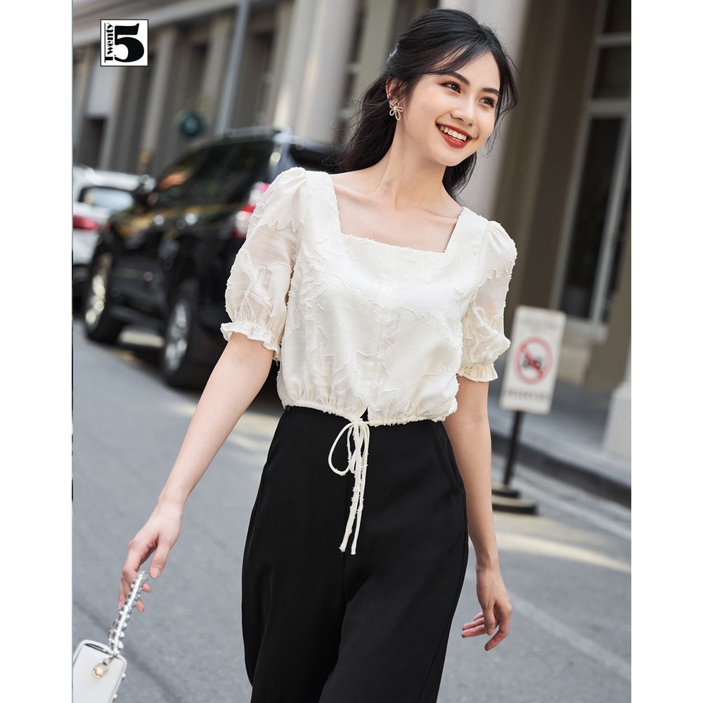 Áo sơ mi kiểu nữ dáng lửng dây thắt eo vân hoa nổi Twentyfive TA25